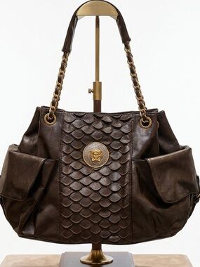 Brown Embossed Faux Leather Jumbo Medusa Shoulder Bag with Chain Handles Y2K